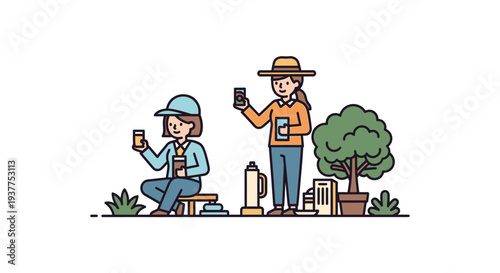 Two women taking a break outdoors with drinks and potted tree illustration