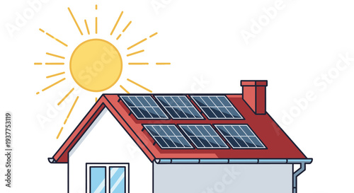 Solar panels on residential house roof under shining sun generating energy