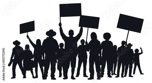 Silhouetted crowd holding signs representing protest and activism