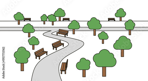 Park scene with trees benches and pathway illustration for recreational design