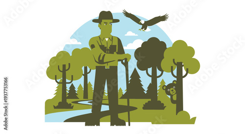 Forest ranger with eagle and wildlife vector illustration in green tones