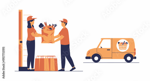 Grocery delivery illustration courier passing a shopping bag to recipient