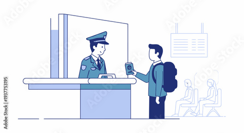 Man presenting a document to an officer at a checkpoint airport illustration