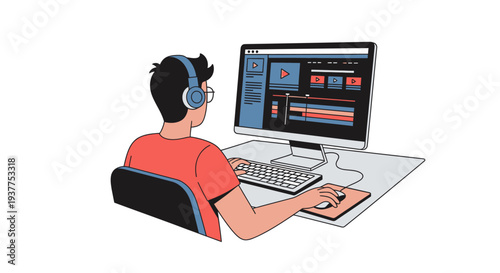 Man using computer editing software for creative design illustration