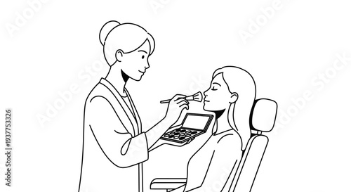 Woman applying makeup on another in simple line art illustration