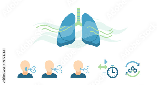 Human lungs illustration with breathing exercise icons and airflow