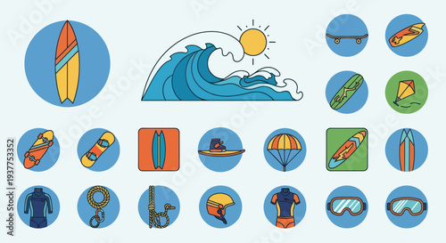 Summer Water Sports & Extreme Activities Icon Set - Surfing, Kiteboarding, Snowboarding
