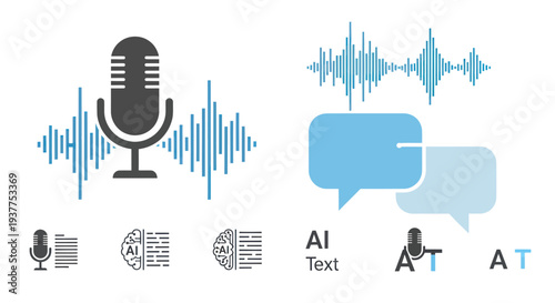 AI Voice Recognition and Text Translation Icons with Sound Waves