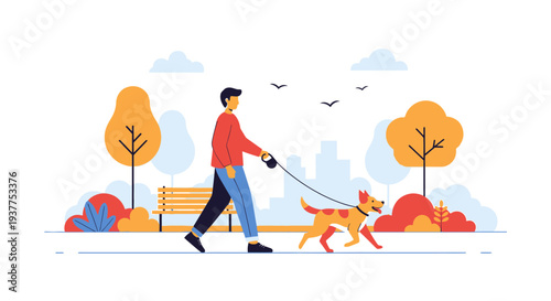 Man walking dog in park illustration with trees and buildings concept