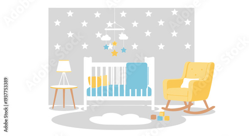 Illustrated nursery room interior with baby crib rocking chair and stars