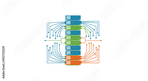 Abstract illustration of data storage server with interconnected circuits on white