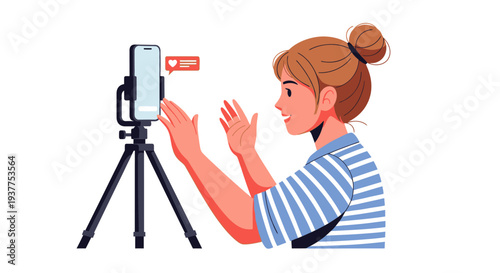 Woman recording video using smartphone on tripod white background