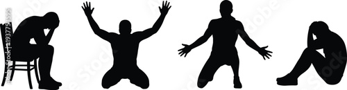 Emotional men silhouettes set, depression stress despair and relief poses isolated on white background vector illustration