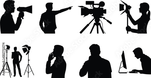 Film production crew silhouettes set, cameraman director lighting and editor media production team isolated on white background vector illustration