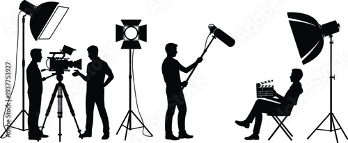 Film production crew silhouettes with camera operator, boom microphone and studio lights filming scene isolated on white background vector illustration