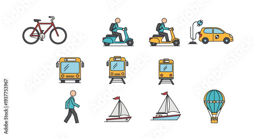 Set of colorful flat icons representing different modes of transportation