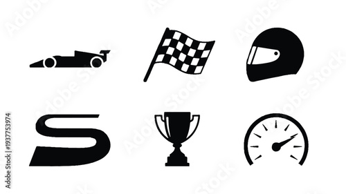 Racing icons including car helmet checkered flag and trophy on white background