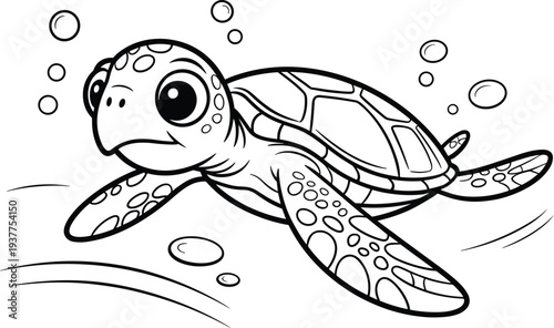 Cartoon sea turtle swimming with bubbles and waves black and white illustration marine life ocean