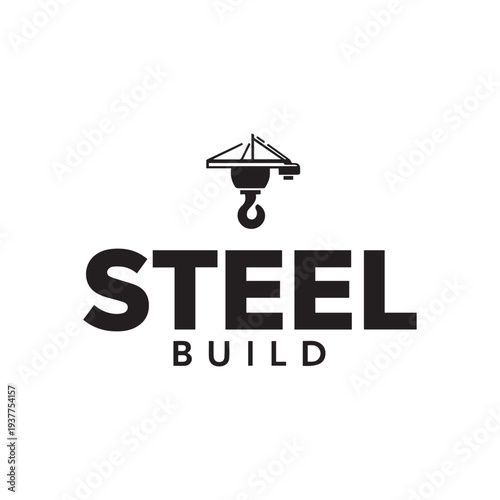 Modern Steel Build Logo Design with Industrial Gantry Crane Hook Icon
