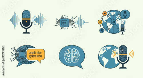 AI Voice Assistant Technology - Microphones, Brain, Globe, Circuits