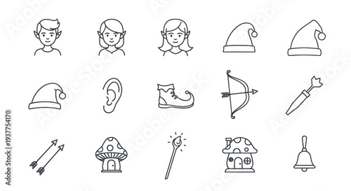 Fantasy Elf Icons Set: Bow, Arrow, Magic Wand, Mushroom House, Bell, Hat