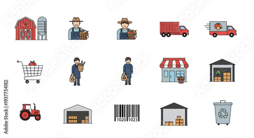 Farm to Table Icons: Farmer, Food Truck, Barn, Tractor, Shopping Cart, Warehouse, Barcode