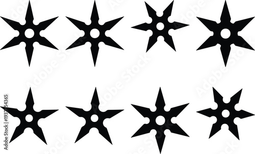 Eight stylized black shuriken, also known as ninja stars, arranged in two rows on a white background.