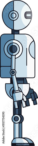 Robot standing with one arm bent at the elbow on white background