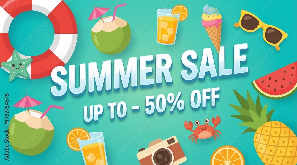 Fototapeta premium Summer Sale Discount Banner with Beach Elements Vector Illustration