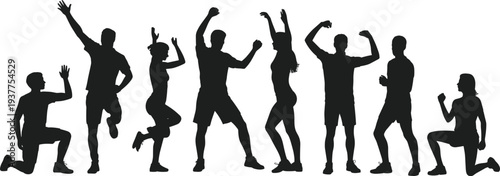 Fitness people silhouettes set, men and women workout poses, active lifestyle training exercise collection isolated on white background vector illustration