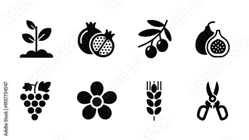set of black icons of fruit and plants and gardening tools