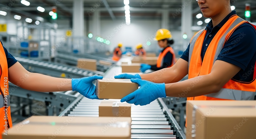 Fototapeta premium Workers in safety vests handling packages on conveyor belt in warehouse distribution center