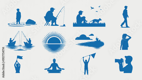 set of blue silhouette icons depicting people engaging in various leisure activities
