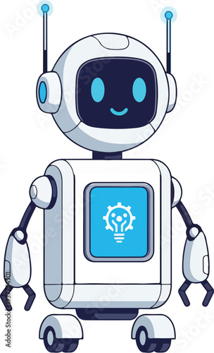 Cute robot character with headset and lightbulb idea on chest panel standing alone