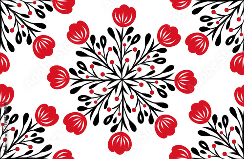 Vector Slavic seamless pattern with tracery floral mandala. Monochrome folk art texture with flower ornaments