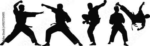 Karate fighters silhouettes performing kicks punches and acrobatic moves in martial arts combat poses isolated on white background vector illustration