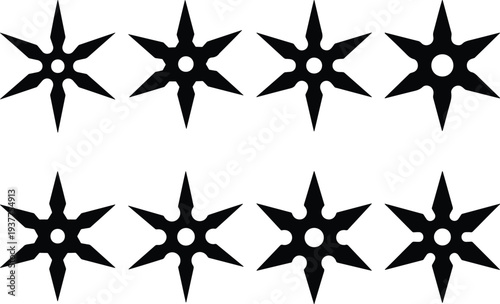 Eight identical black shuriken or ninja stars, presented in a clean, minimalist vector graphic on a white background.