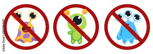 Set of prohibition signs with aliens. Collection of forbidden badges. No aliens allowed. Martians are prohibited.