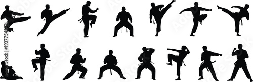 Karate martial arts silhouettes set with fighters performing kicks punches and combat poses isolated on white background vector illustration collection
