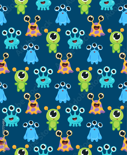 Vector seamless pattern with cute cartoon aliens. Childish texture with Martians. Pattern with happy monsters