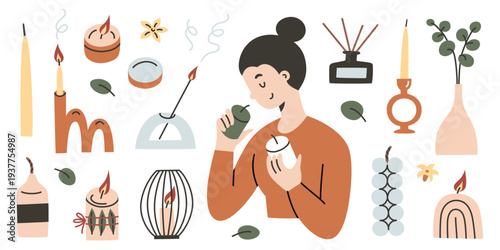 Woman smelling aromatic candles. Set of decorative candles in various shapes, holders, incense sticks, eucalyptus branches. Flat vector illustration in cartoon style for home decor, relaxation
