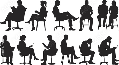 People sitting on chairs silhouettes in different poses working reading talking and using laptop isolated on white background vector illustration set