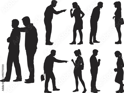 People arguing silhouettes showing conflict discussion and disagreement between man and woman isolated on white background social interaction concept vector illustration