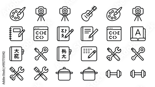 set of line icons for creative and hobby activities