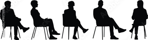 People sitting on chairs silhouettes set, men and women seated poses collection isolated on white background vector illustration