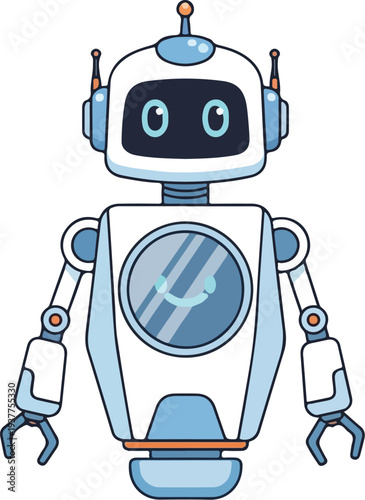 Cute robot character with blue accents and circular eyes standing alone