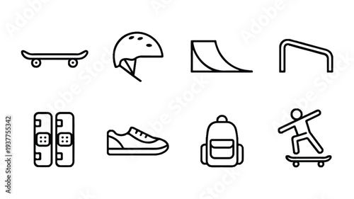 set of line icons for skateboarding and skate park  various skate gear