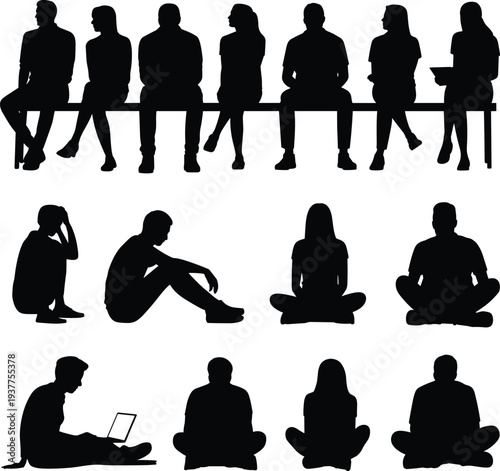 People sitting silhouettes set with group on bench, meditation poses and person using laptop isolated on white background vector illustration