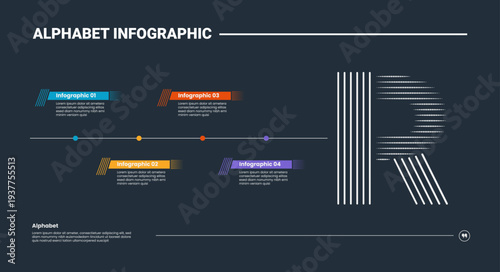 Alphabet infographic process diagram with letter R on the right side with dark background bright outline style 4 points