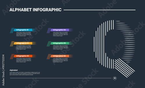 Alphabet infographic process diagram with letter Q on the right side with dark background bright outline style 6 points
